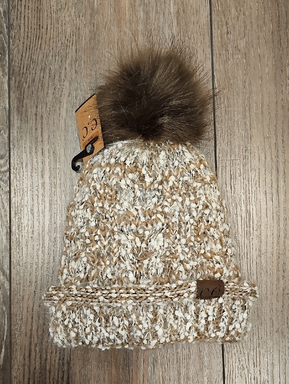 Two-Tone, Tan, Warm, Cozy, Snowboarding, Winter, Ski, Cream, Pom, Knit, Beanie
